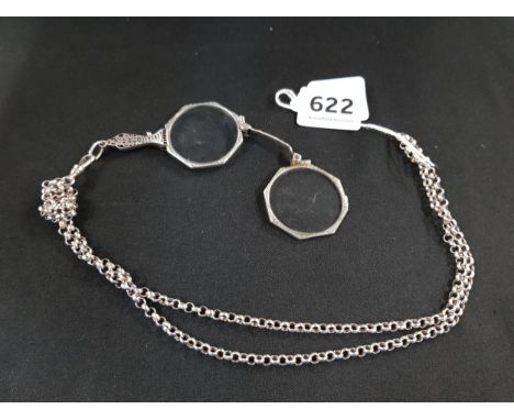 PAIR OF SILVER LORGNETTES ON SILVER CHAIN 