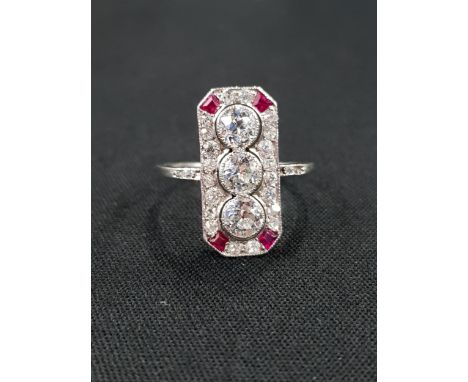 PLATINUM RECTANGULAR RUBY AND DIAMOND COCKTAIL RING - 3 ROSE CUT DIAMONDS SET IN THE CENTRE - DIAMOND WEIGHT 1 CARAT - SURROU