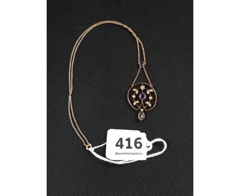 9 CARAT ARTS AND CRAFTS PENDANT AND CHAIN - 9 CARAT AMETHYST AND SEED PEARL PENDANT ON 16" 9 CARAT TRACE CHAIN - 2 BRILLIANT 
