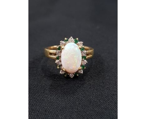 18 CARAT YELLOW GOLD OPAL RING SURROUNDED BY DIAMOND &amp; EMERALD 