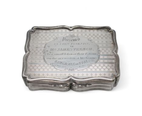 A VICTORIAN SILVER PRESENTATION SNUFF BOX by Nathaniel Mills, Birmingham 1846, of shaped rectangular&nbsp; form, with engine-