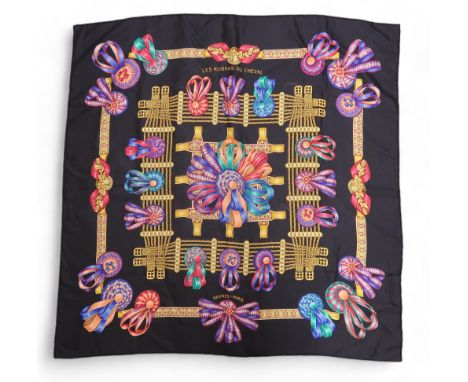 AN HERMES LES RUBANS DU CHEVAL SILK SCARF designed by Joachim Metz circa 1993, approx 87 x 87cm, with two scarf boxes, an acc