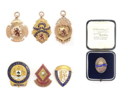 HUGH WATSON OF SIGHTHILL F.C. - THREE 9ct GOLD FOOTBALL MEDALS Comprising two similarly styled examples featuring enamelled L