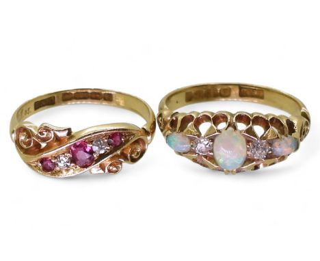 TWO VINTAGE RINGS an 18ct gold opal and diamond ring, hallmarked Birmingham 1903, finger size O1/2, and an 18ct gold&nbsp; re