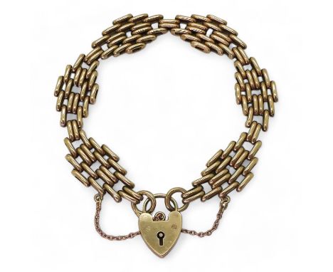 A 9CT GATE BRACELET with decorative links and a heart shaped clasp, length 18.5cm, weight 15.8gms Condition Report:Hallmarked