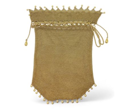 A 9K GOLD MESH HANDBAG the chainmail bag with spiral pattern round and teardrop shaped bead details, with zigzag patterned cu