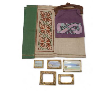IAN McCORMICK, IONA A collection of small brass frames, one with a pencil drawing of Iona, together with a embroidered bag wi