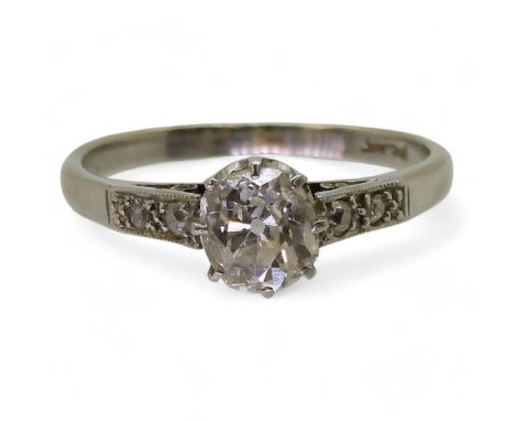 A VINTAGE DIAMOND SOLITAIRE RING classic platinum crown mount set with an estimated approx. 0.86cts cushion cut diamond, with