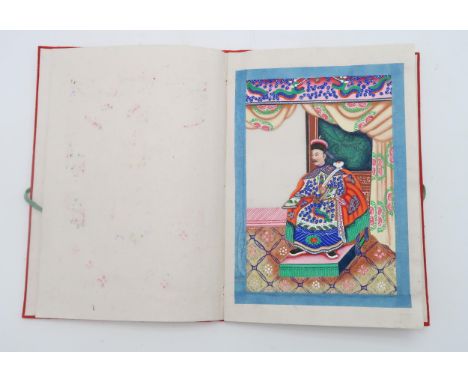 A CHINESE EXPORT PORTRAIT ALBUM&nbsp; painted with twelve portraits of courtiers, 18 x 12cm in original binding, 19th century