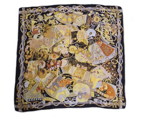 AN HERMES AU FIL DU CARRE SILK SCARF designed by Anne Faivre circa 2011, approx 87 x 87cm, together with a Versace scarf, app