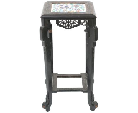 A CHINESE HARDWOOD TILE TOPPED PLANT PEDESTAL&nbsp; square tile inset top decorated with dragon and butterfly within floral m