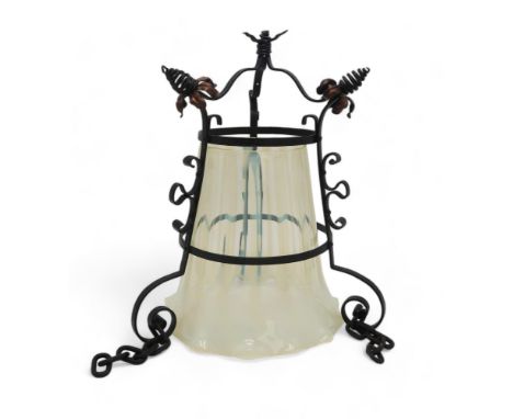 AN ARTS AND CRAFTS STYLE CEILING LIGHT with vaseline glass shade, 40cm drop plus chains Condition Report:missing one chain an