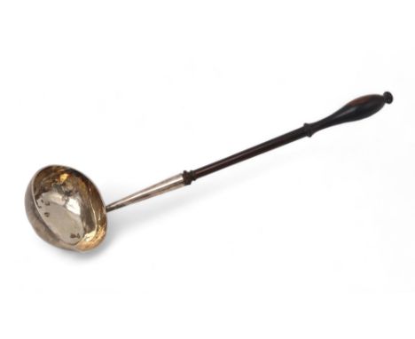 A GEORGE II SILVER TODDY LADLE London 1734, maker's mark ?.R, with boat shaped bowl and engraved initials 'R.S.T', with a tur