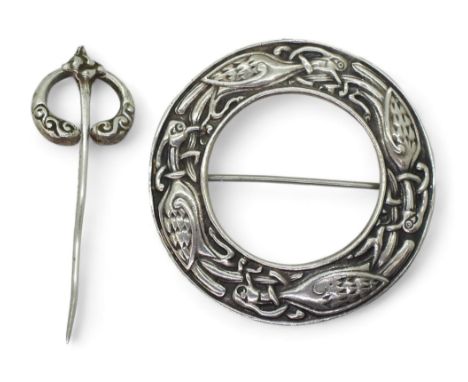 TWO ALEXANDER RITCHIE JEWELS a silver circular brooch, with the design of four intertwined birds. Hallmarked Birmingham 1936,