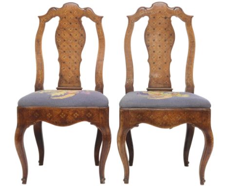 A PAIR OF 19TH CENTURY DUTCH WALNUT MARQUETRY/PARQUETRY SIDE CHAIRS backrests with serpentine tops over shaped splat over tap