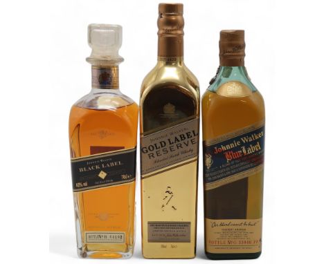 JOHNNIE WALKER SCOTCH WHISKY&nbsp; Blue Label Bottle number No. G 33046 JW 43° 0.75 liltro, Black Label Bottle No. 04192 40% 