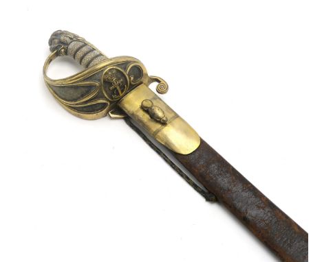 AN 1827 PATTERN ROYAL NAVAL OFFICER'S SWORD The pipe-backed blade with spear point, measuring approx. 79cm in length, etched 