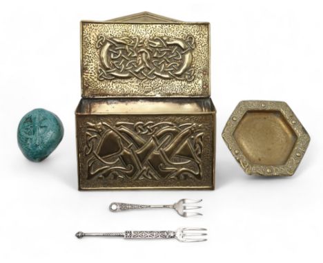 IAN McCORMICK, IONA  A hanging brass letter rack with Celtic animalia knotwork 25cm high x 16cm wide and a small hexagonal br