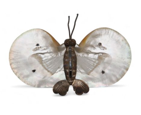 A CHINESE SILVER AND MOTHER OF PEARL 'BUTTERFLY' DISH the silver body with engraved decoration, with two spring antennae and 