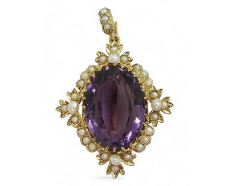 A 15CT GOLD PENDANT,  set with a large amethyst of 20mm x 14.5mm, surrounded with freshwater pearls, length of pendant brooch