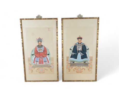 A PAIR OF CHINESE ANCESTRAL PORTRAIT PRINTS&nbsp;depicting a mandarin and wife, watercolour on silk 60 x 32cm, silk embroider