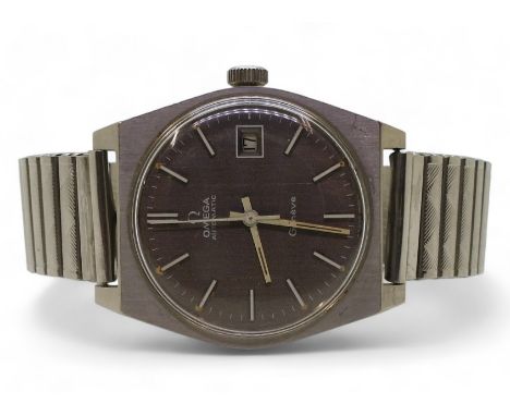 AN AUTOMATIC OMEGA GENEVE with stainless steel case and strap, with gunmetal coloured dial with silver and luminous coloured 