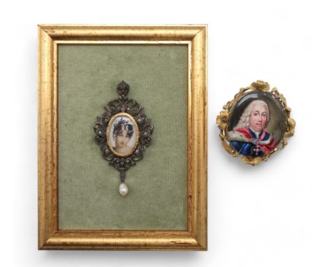 A PAINTED ENAMEL MINIATURE purportedly King Joao V of Portugal, in gilded metal brooch surround, 4.5cm x 4cm together with an