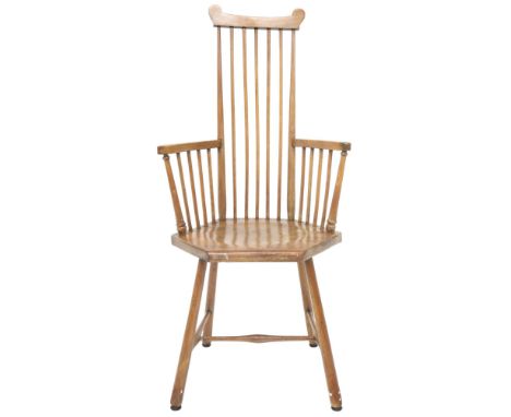 A LATE 19TH/EARLY 20TH CENTURY AFTER LIBERTY &amp; CO "QUAINT FURNITURE RANGE" STICK BACK CHAIR&nbsp; with stick back and arm