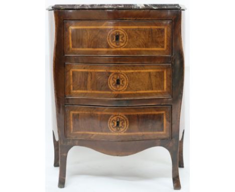 AN 18TH CENTURY ITALIAN WALNUT AND PARQUETRY/MARQUETRY INLAID MARBLE TOPPED BOMBE COMMODE CHEST serpentine marble top (possib