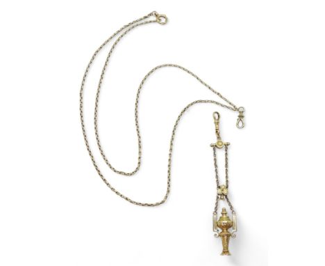 A VINTAGE GUARD CHAIN &amp; PENDANT FOB the pendant fob in three colour gold with urn design, faintly hallmarked, length 11cm