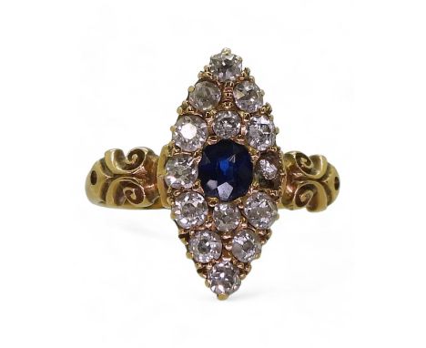 A SAPPHIRE &amp; DIAMOND MARQUIS RING with pretty 18ct gold scroll mount, hallmarked Birmingham 1893, set with estimated appr