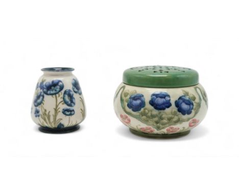 A WILLIAM MOORCROFT FOR JAMES MACINTYRE & CO FLORIAN WARE POT POURRI POT with screw top cover in Blue Poppies pattern, tube l