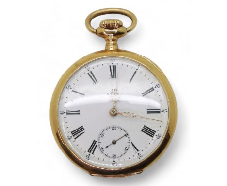 AN OMEGA OPEN FACE POCKET WATCH in 18ct gold with swiss hallmarks, the classic white enamel dial with black Roman numerals, w