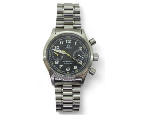 AN OMEGA DYNAMIC AUTOMATIC with black dial white Arabic numerals and two subsidiary dials with yellow highlights to the chapt