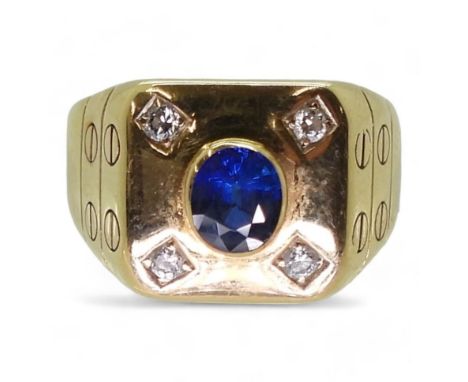 A SAPPHIRE &amp; DIAMOND RING made in bright yellow metal, set with a 6mm x 5mm x 2.8mm sapphire, further set with 0.14cts of