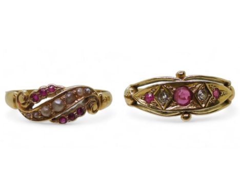 TWO VINTAGE RINGS a bright yellow metal red gem and diamond ring, size R, together with a red gem and pearl ring, size W, hal