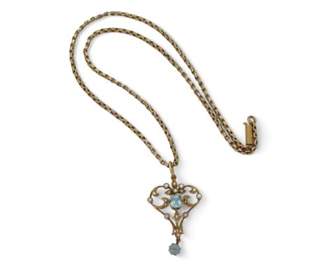 A 15CT GOLD EDWADIAN PENDANT set with aquamarine and split pearls, length with bail 4cm, with a vintage 42cm long yellow meta