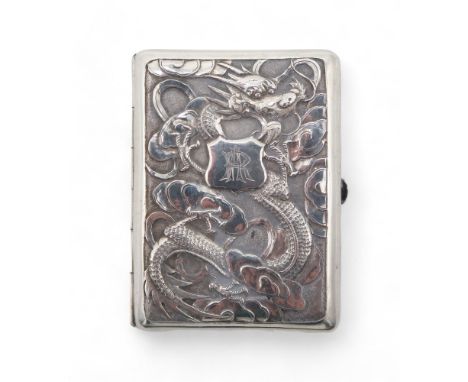 A CHINESE EXPORT SILVER CIGARETTE CASE by Wing Nam &amp; Co, of rectangular form, decorated to the front with a dragon amongs