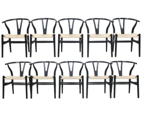 A SET OF TEN CONTEMPORARY AFTER HANS J WEGNER FOR CARL HANSEN & SOHN, DENMARK, CH24 "WISHBONE" CHAIRS  ebonised frames with h