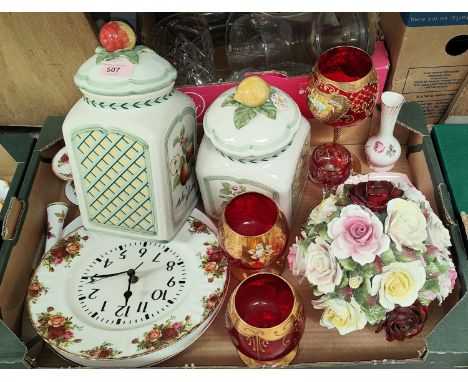 A Royal Doulton bowl of roses, a Royal Albert Old Country Roses plate clock, Royal Worcester cake plate and knife; 3 Murano r