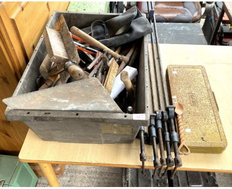 A cased Hilka socket set; 5 record and wooden sash clamps and vintage tools etc. 