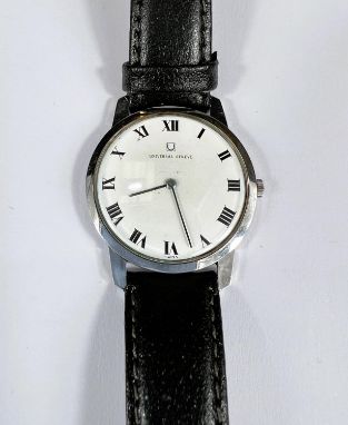 A Universal Geneve Ultrathin dress watch with Roman numerals polished stainless steel case on a later black leather strap 