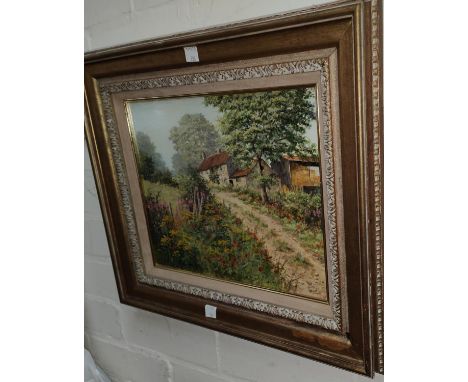 W. R. (Bill) Makinson, Derbyshire rural scene with bluebell wood with stile and flowery field with cottage, pair of oils on c