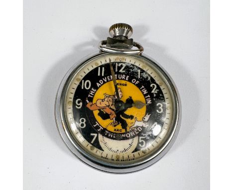 A vintage novelty Tintin open face pocket watch in chrome case 