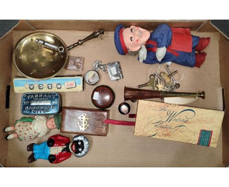 A vintage wind up postman, whistles and other vintage collectibles 
