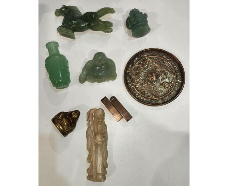 A selection of carved Chinese stoneware items some jade green colour similar Chinese brassware etc 