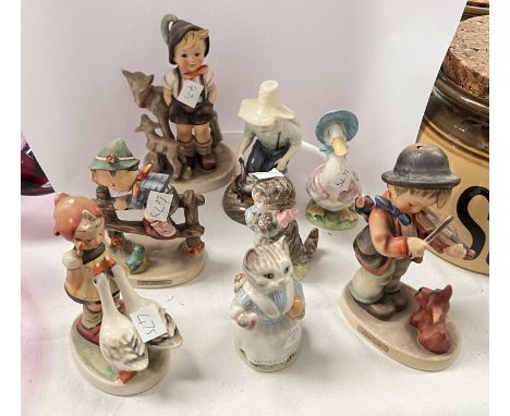 Royal Doulton figure 'River Boy' No. 128. Three Beswick Beatrix Potter figures gold back stamps and four Hummel figures&nbsp;