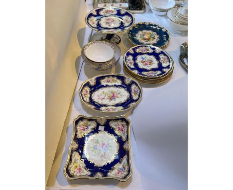 A 19th century style Hammersley 7 piece dessert service with polychrome panels against a blue/ gilt ground; a pair of&nbsp;Ha