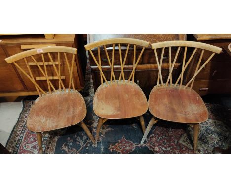 3 1960's lattice back, light wood and elm dining chairs. 