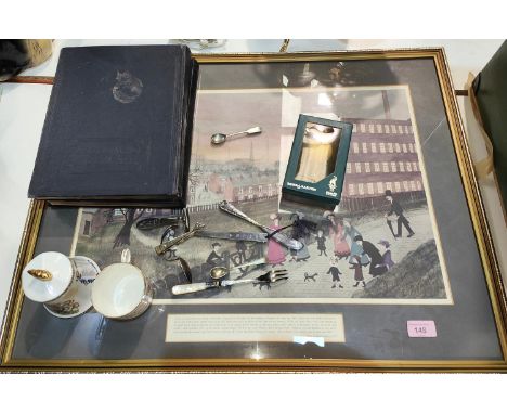 A framed Helen Bradley print, a hallmarked silver letter opener, Victorian Royal Stafford commemorative cup etc 